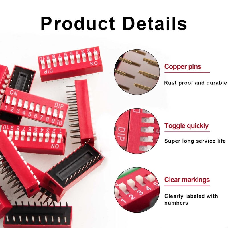 Juasky 20pcs Slide Type Dip Switch Double,10 Position Double Row Slide Type Switch 2.54mm PCB Mountable On Off Toggle Switches for Circuit,Breadboard - Image 3